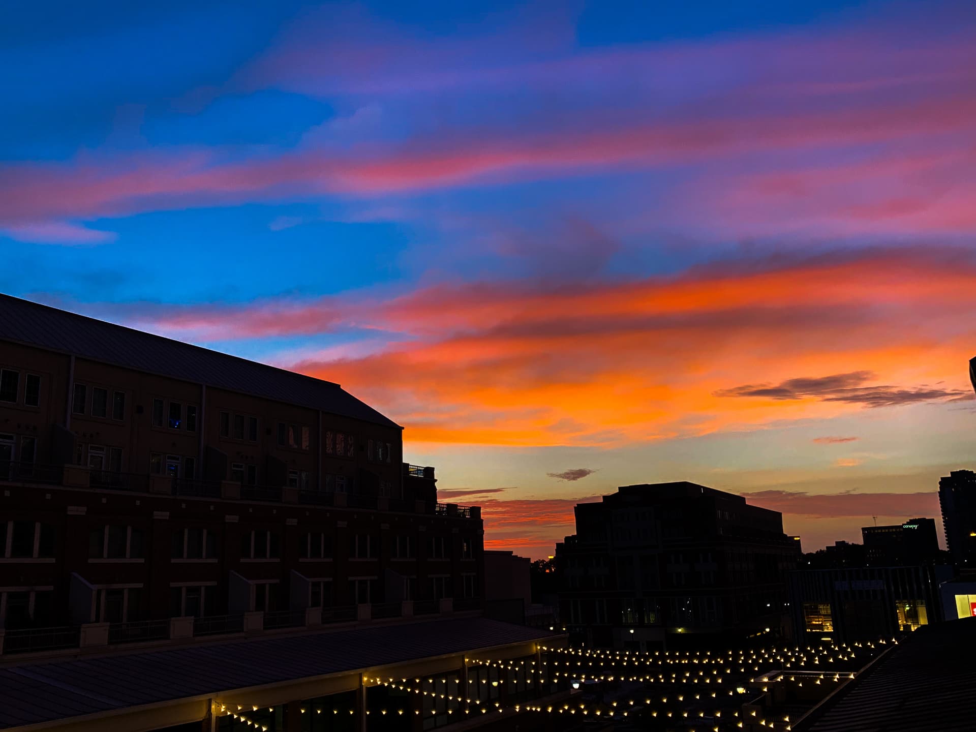 Pink and orange striped sky above rooftops and string lights